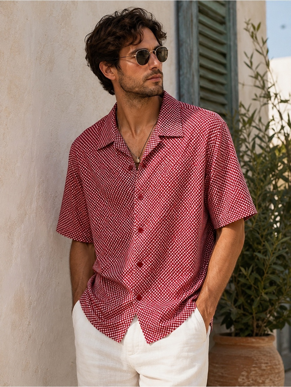 Vintage Y.M.L.A. USA Camp Collar Shirt Mens L Red Geometric Resort Y2K